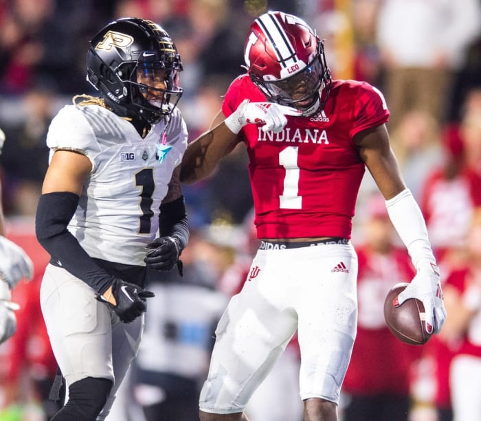 Indiana's Donaven McCulley (1) celebrates a first down during the second half of the Indiana versus Purdue football game at Memorial Stadium on Saturday, Nov. 26, 2022.
